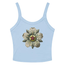 Load image into Gallery viewer, Melodia Gallery light blue 100% cotton micro-rib tank top with vintage rosette graphic.
