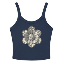 Load image into Gallery viewer, Melodia Gallery navy blue 100% cotton micro-rib tank top with vintage rosette graphic.
