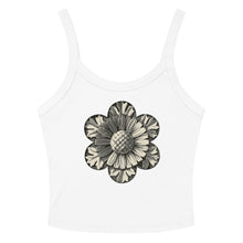 Load image into Gallery viewer, Melodia Gallery white 100% cotton micro-rib tank top with vintage rosette graphic print.
