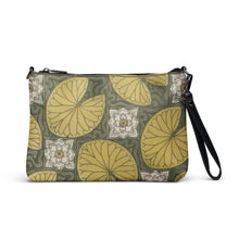 Load image into Gallery viewer, Melodia Gallery Art Nouveau Water Lilies crossbody bag in faux leather with dark gray hardware and zip-top closure.
