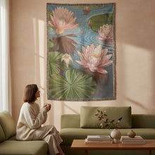 Load image into Gallery viewer, Melodia Gallery Water Lillies oil painting woven cotton blanket with pink flowers and green lily pads.

