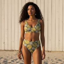 Load image into Gallery viewer, Melodia Gallery Water Lilly recycled polyester bikini set with high-waisted bottoms and V-neck top in vintage floral print.
