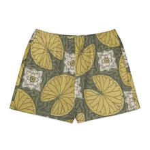Load image into Gallery viewer, Melodia Gallery Water Lily Unisex Cotton Shorts with Art Nouveau floral print in green and yellow.
