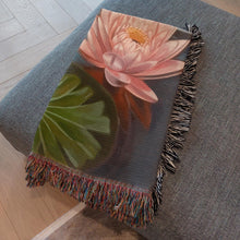 Load image into Gallery viewer, Melodia Gallery pink water lily oil painting woven cotton blanket with fringed edges, versatile for decor or use.

