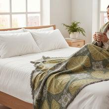 Load image into Gallery viewer, Melodia Gallery vintage woven cotton blanket with yellow water lily pads and white flowers on a grey background.
