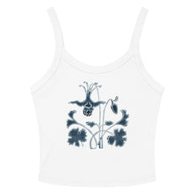 Load image into Gallery viewer, Melodia Gallery white 100% cotton micro-rib tank top with a blue Art Nouveau columbine flower graphic.
