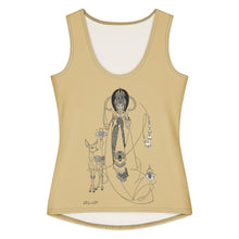 Load image into Gallery viewer, Melodia Gallery Women's tan cotton-elastane blend tank top with Art Nouveau illustration of a regal figure and a deer.
