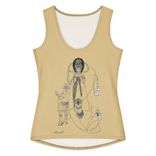 Load image into Gallery viewer, Melodia Gallery Women's tan cotton-elastane blend tank top with Art Nouveau illustration of a regal figure and a deer.
