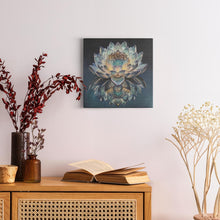 Load image into Gallery viewer, Melodia Gallery You Are The Mirror oil painting reproduction on canvas, featuring a lotus flower with mirrored reflection in blue, green, and yellow tones.

