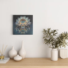 Load image into Gallery viewer, Melodia Gallery You Are The Mirror oil painting reproduction on canvas, featuring a lotus flower with mirrored reflection in blues, greens, and yellows.

