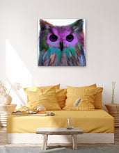 Load image into Gallery viewer, Contemporary Owl Painting, Original Art By Melodia Print On Traditional Stretched Canvas, Great Horned Owl Painting, Colorful, Wall Art,
