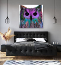 Load image into Gallery viewer, Contemporary Owl Painting, Original Art By Melodia Print On Traditional Stretched Canvas, Great Horned Owl Painting, Colorful, Wall Art,
