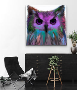 Contemporary Owl Painting, Original Art By Melodia Print On Traditional Stretched Canvas, Great Horned Owl Painting, Colorful, Wall Art,