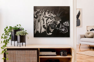 Tiger Breath, Original Drawing By Melodia Reproduced On Traditional Stretched Canvas, Animal Art, Wall Art, Boho, Black And White