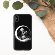 Load image into Gallery viewer, Nightbloom Eclipse Biodegradable iPhone Case, Black + White, Etching Print Style, Line Drawing, Original Art by Melodia, Lotus, Moon, Witch
