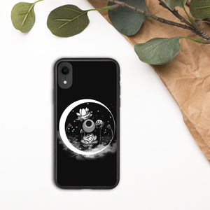 Nightbloom Eclipse Biodegradable iPhone Case, Black + White, Etching Print Style, Line Drawing, Original Art by Melodia, Lotus, Moon, Witch