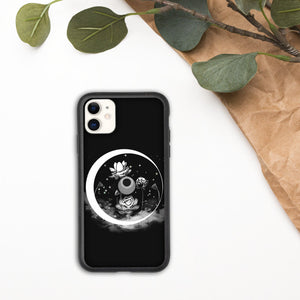 Nightbloom Eclipse Biodegradable iPhone Case, Black + White, Etching Print Style, Line Drawing, Original Art by Melodia, Lotus, Moon, Witch