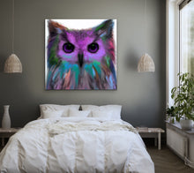 Load image into Gallery viewer, Contemporary Owl Painting, Original Art By Melodia Print On Traditional Stretched Canvas, Great Horned Owl Painting, Colorful, Wall Art,
