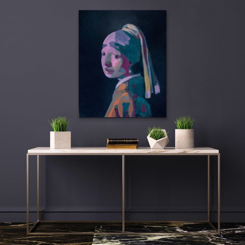 Girl With The Pearl Earring Contemporary Color Painting Remix, Original Oil Painting By Melodia, Renaissance Traditional Stretched Canvas