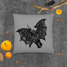 Load image into Gallery viewer, Kitty-Cat Bat Pillow, Original Drawing by Melodia, Halloween Decor, Cute, Artsy, Black Cat, Decoration, Lace Wings, Kitten Pillow
