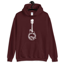 Load image into Gallery viewer, Wanderlust Mandolin Hoodie, Unisex Hoodie, Music Lover, Nature Lover, Art by Melodia, Travel, Camping, Blouegrass, Colorado, Mountains, Gift
