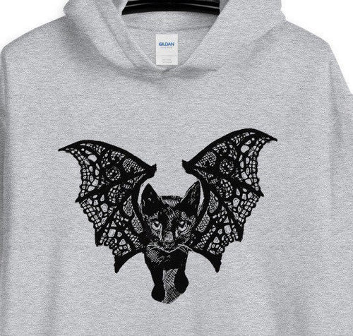 Kitty-Cat Bat Unisex Hoodie, Halloween Inspired, Inktober, Original Drawing by Melodia, Cute Kitten, Kitty, Black Cat, Bat