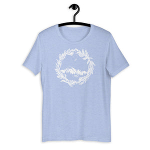 Wanderlust Short-Sleeve Unisex T-Shirt, Art by Melodia, Sublimation Tee, Nature Lover, Travel Shirt, Mountains, Colorado, Botanical, Boho