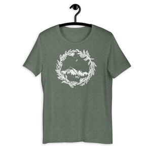Wanderlust Short-Sleeve Unisex T-Shirt, Art by Melodia, Sublimation Tee, Nature Lover, Travel Shirt, Mountains, Colorado, Botanical, Boho