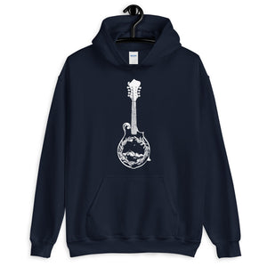Wanderlust Mandolin Hoodie, Unisex Hoodie, Music Lover, Nature Lover, Art by Melodia, Travel, Camping, Blouegrass, Colorado, Mountains, Gift