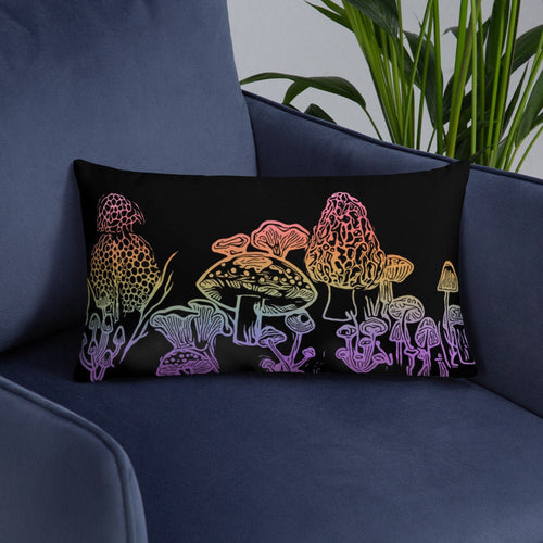Mushrooms Drawing Pillow in Rainbow Ombre, Original Art by Melodia, Printed on Pillow, Mushroom, Plant, Botanical, Boho, Psychedelic, Decor