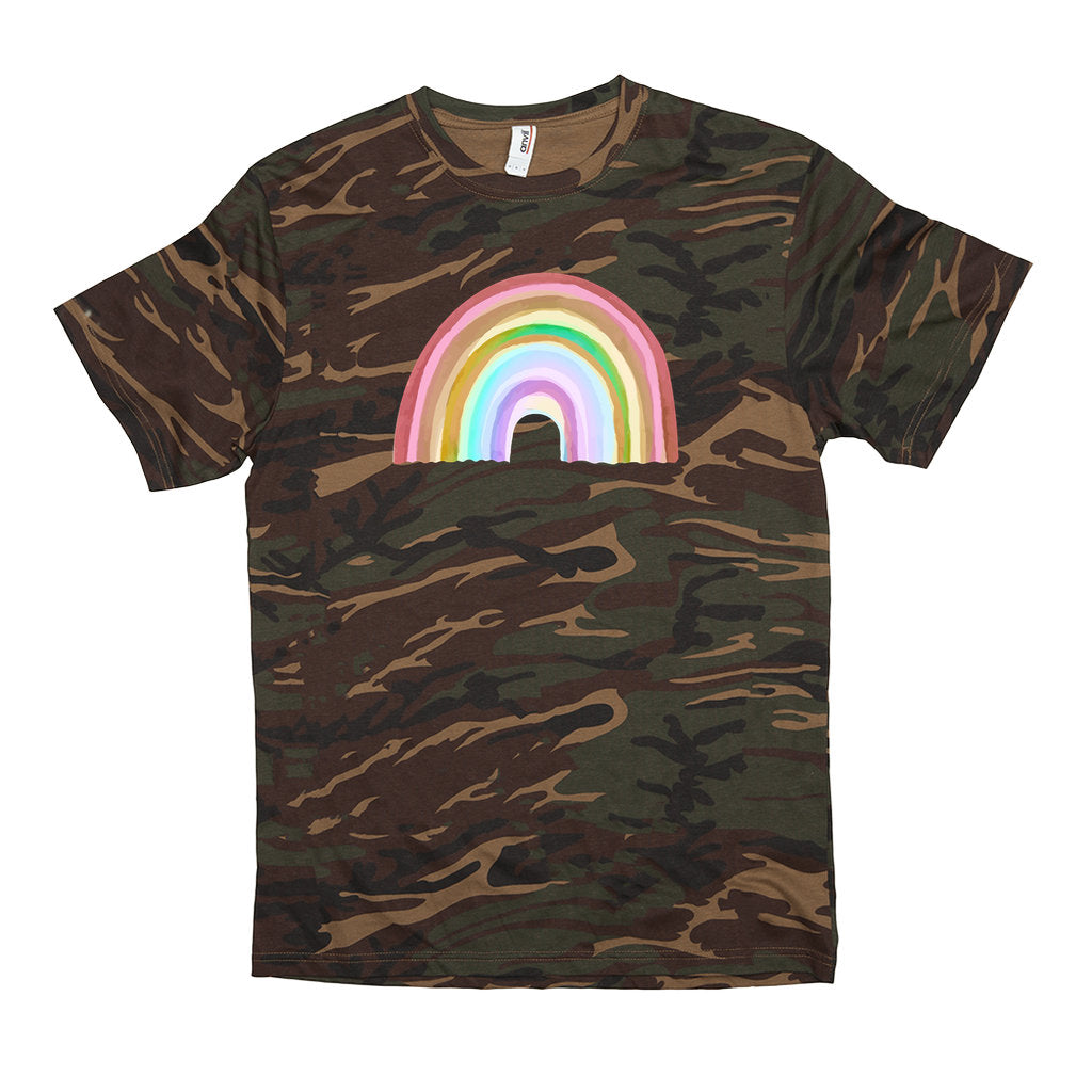 Camouflage UFO T-Shirt, Watercolor Rainbow Printed On Camo Tee, Boho, Hippy, Eclectic, Retro, Modern, Grunge Tee, Soft Top